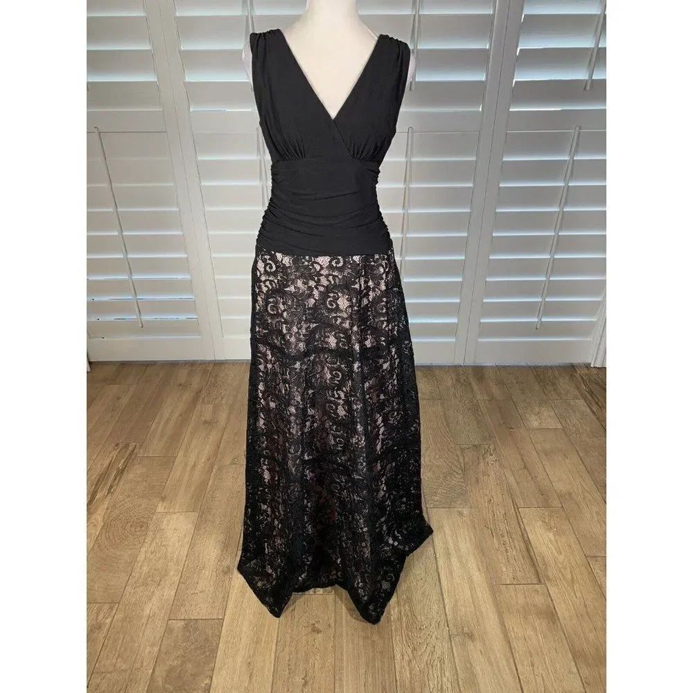 Y2K Black Evening Dress Retro Ruched Lace Skirt 6 Prom Formal SL Fashions Beauty